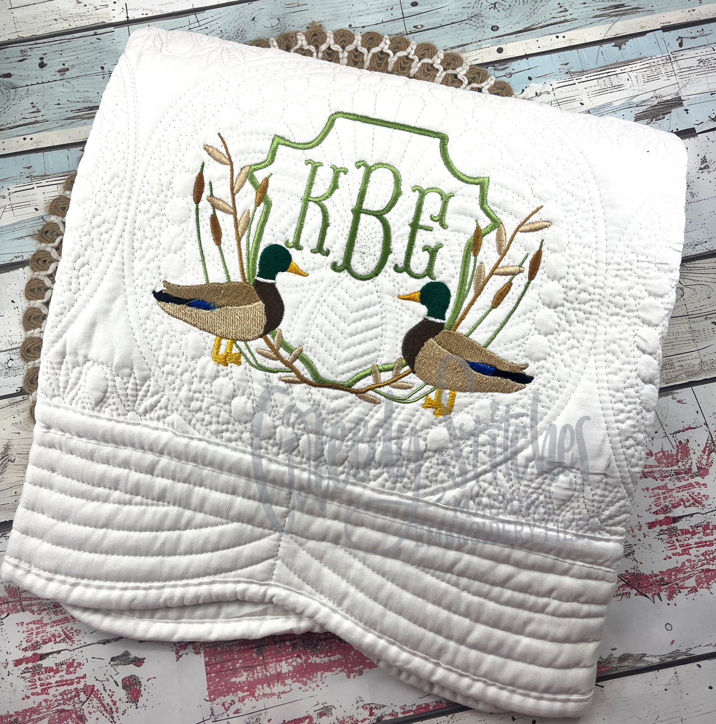 Mallard Crest Embroidered Personalized Heirloom Quilt in White with White Trim