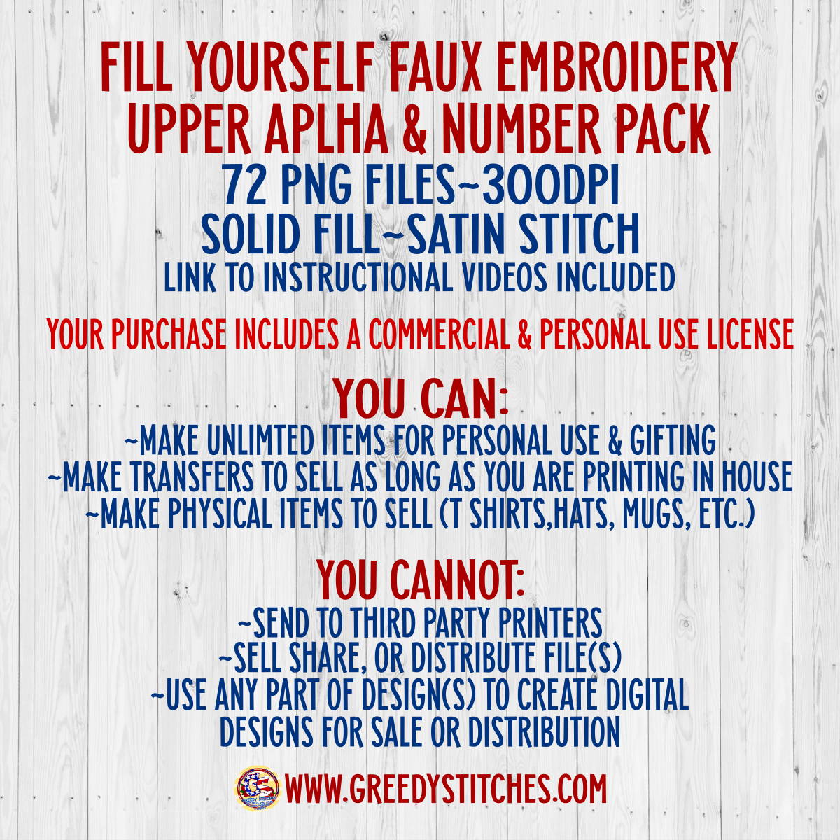 DIY Faux Embroidery Alpha & Number Pack PNG Sublimation