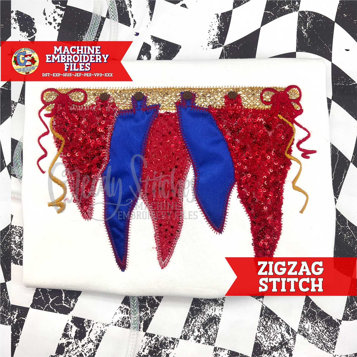 Hanging Pennants Zig Zag Applique Machine Embroidery Design