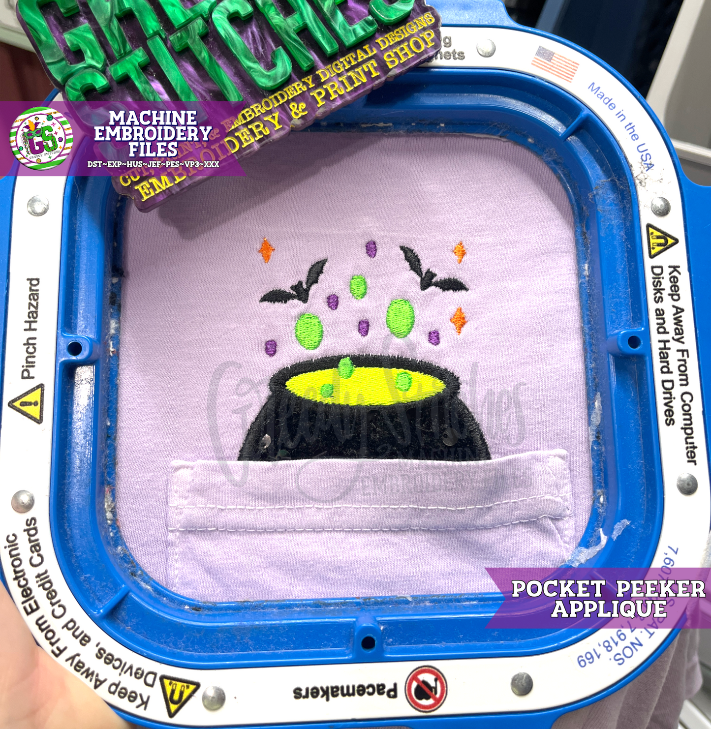 Cauldrons with Bats Applique Pocket Peeker Machine Embroidery Design