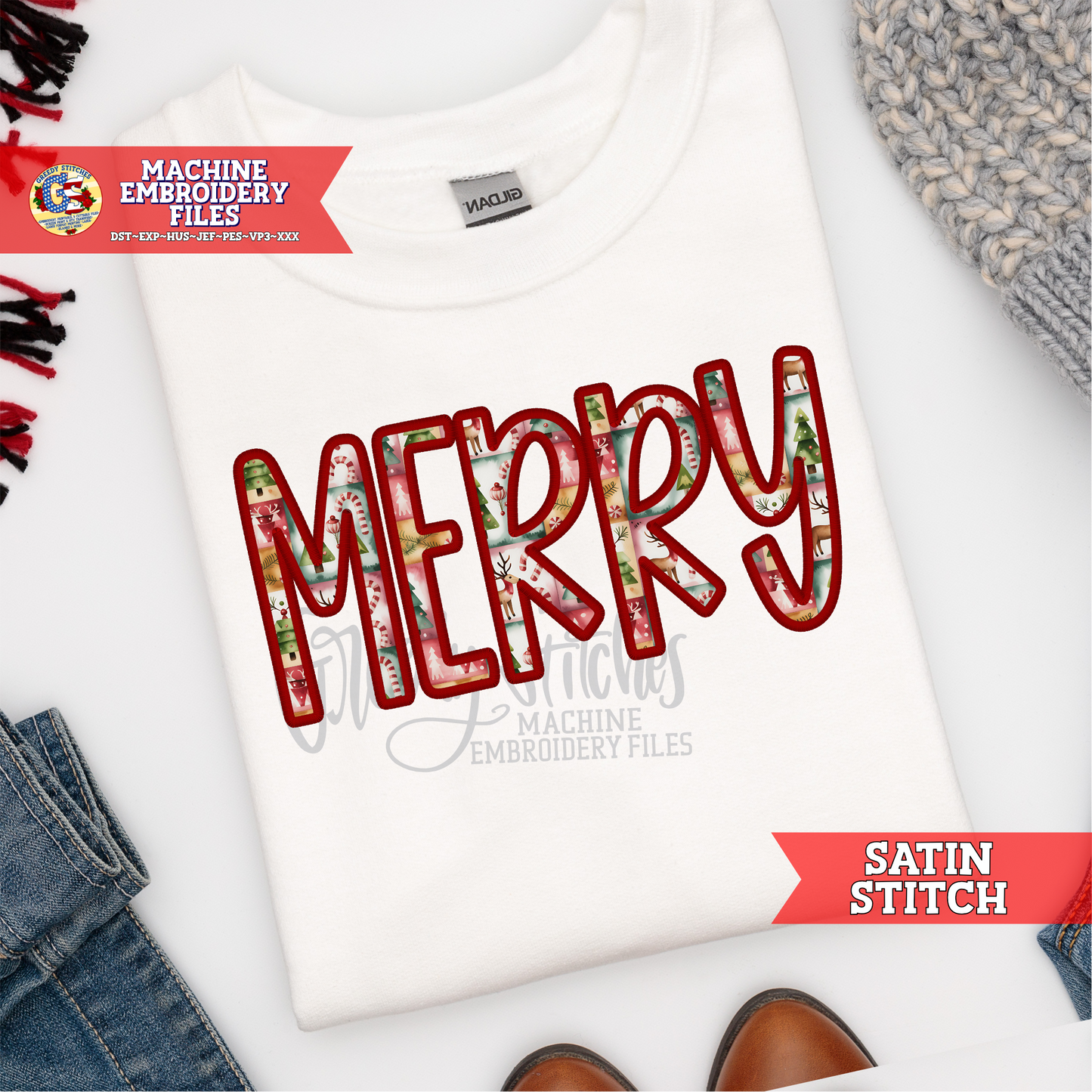 Merry Satin Stitch Applique Machine Embroidery Design