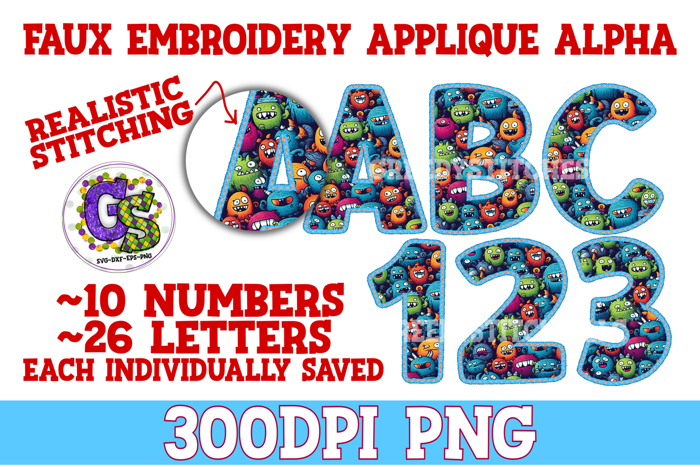 Monster Mash Faux Embroidery Alpha & Number PNG Set