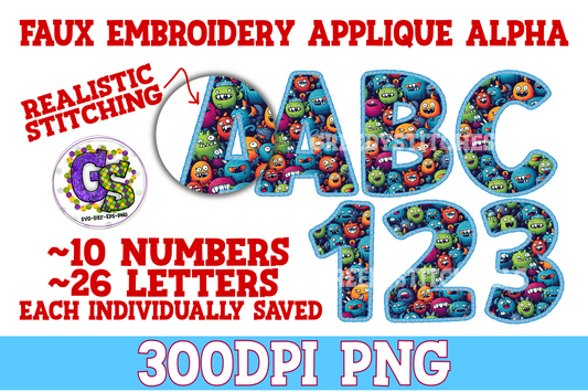 Monster Mash Faux Embroidery Alpha & Number PNG Set