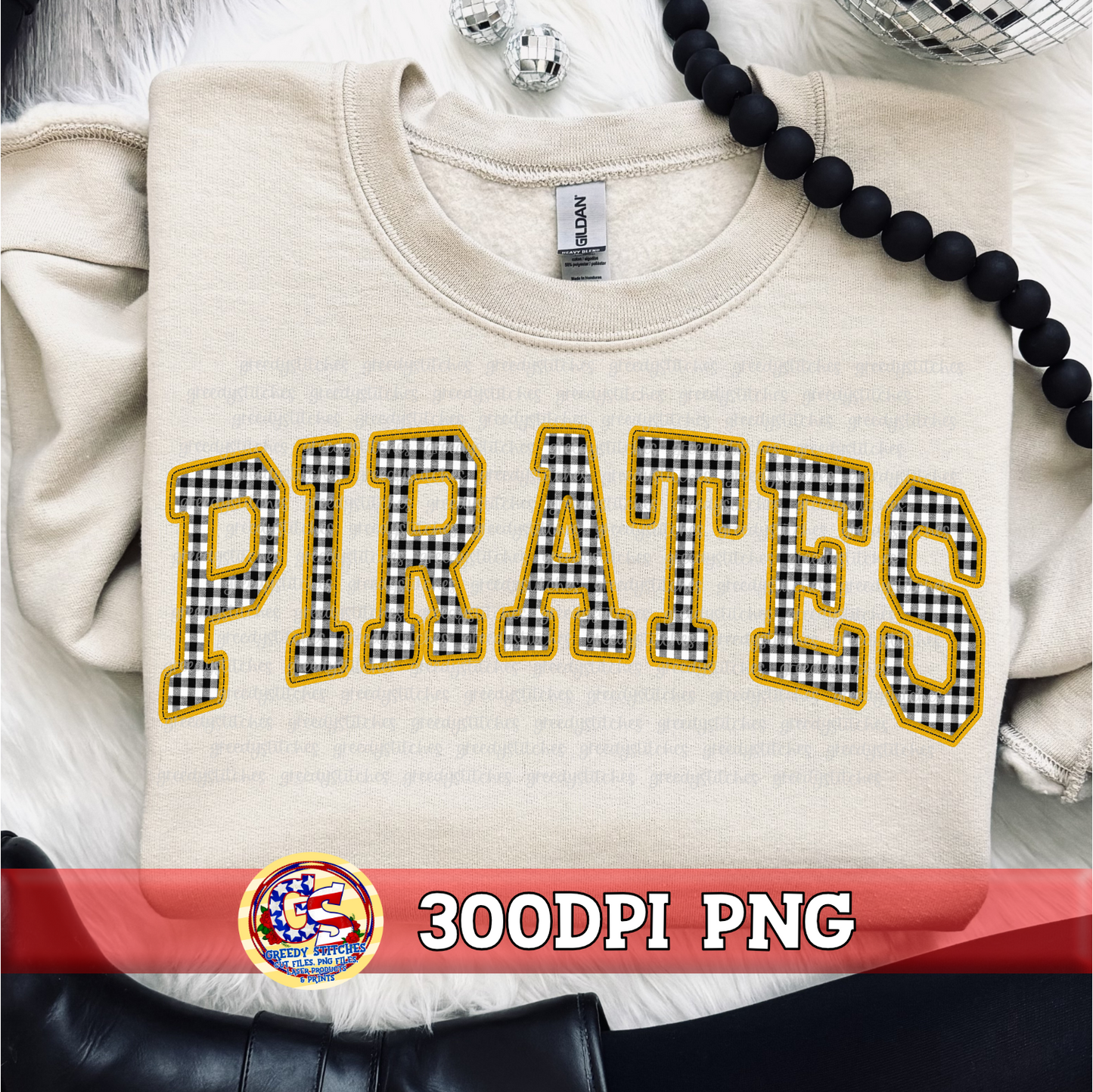 Pirates Gingham Faux Embroidery PNG - Black Yellow