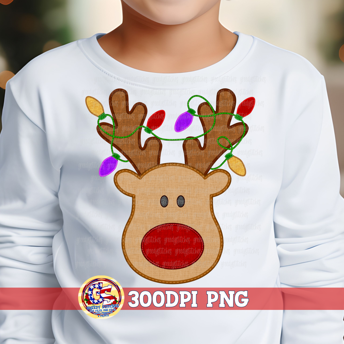 Reindeer with Lights Faux Fabric Embroidery PNG