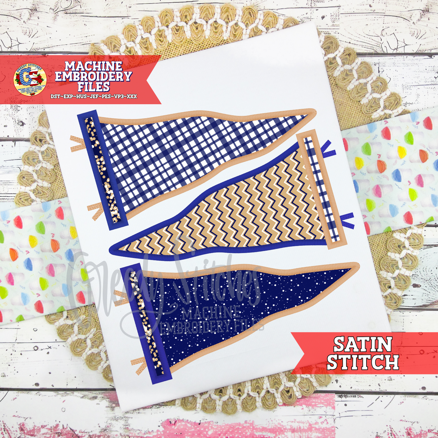 Triple Pennants Satin Applique Machine Embroidery Design