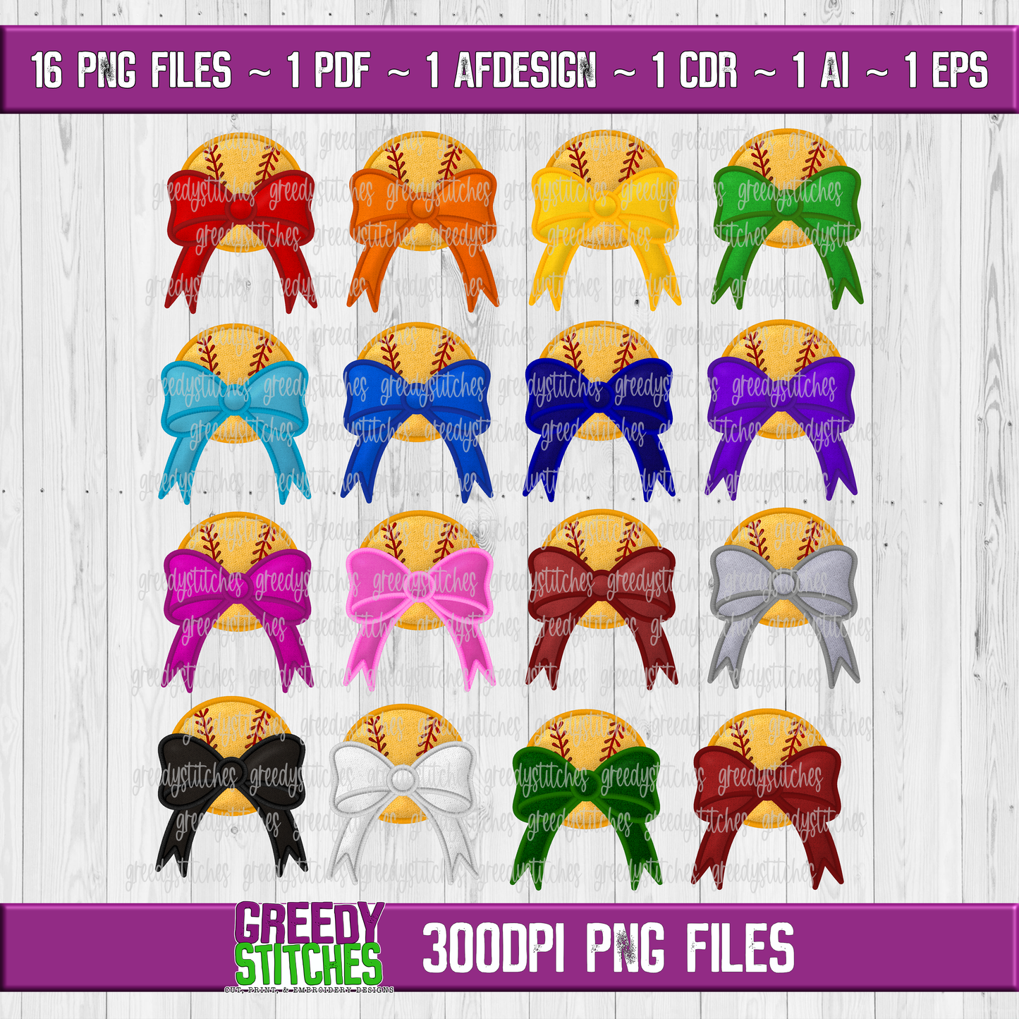 Softball Bow Faux Applique PNG Bundle