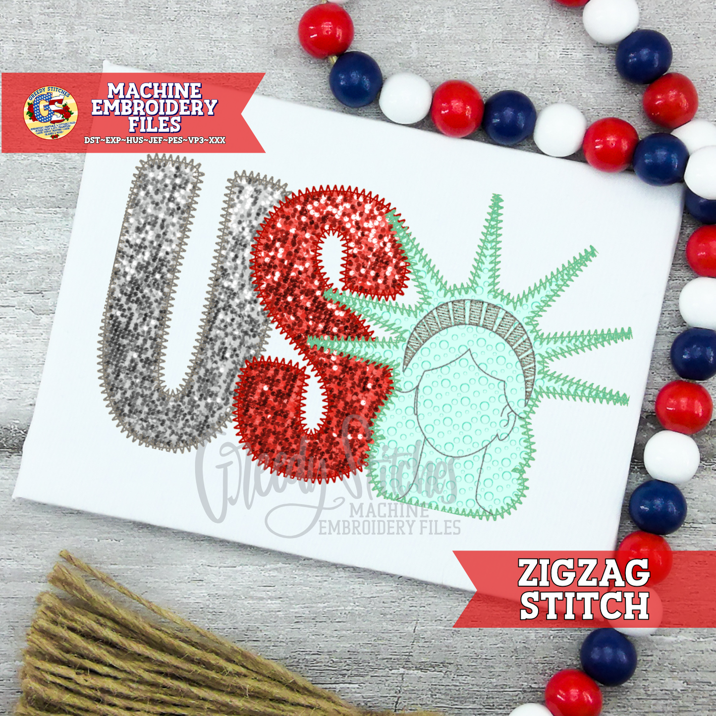 USA Lady Liberty Zig Zag Stitch Machine Embroidery Design