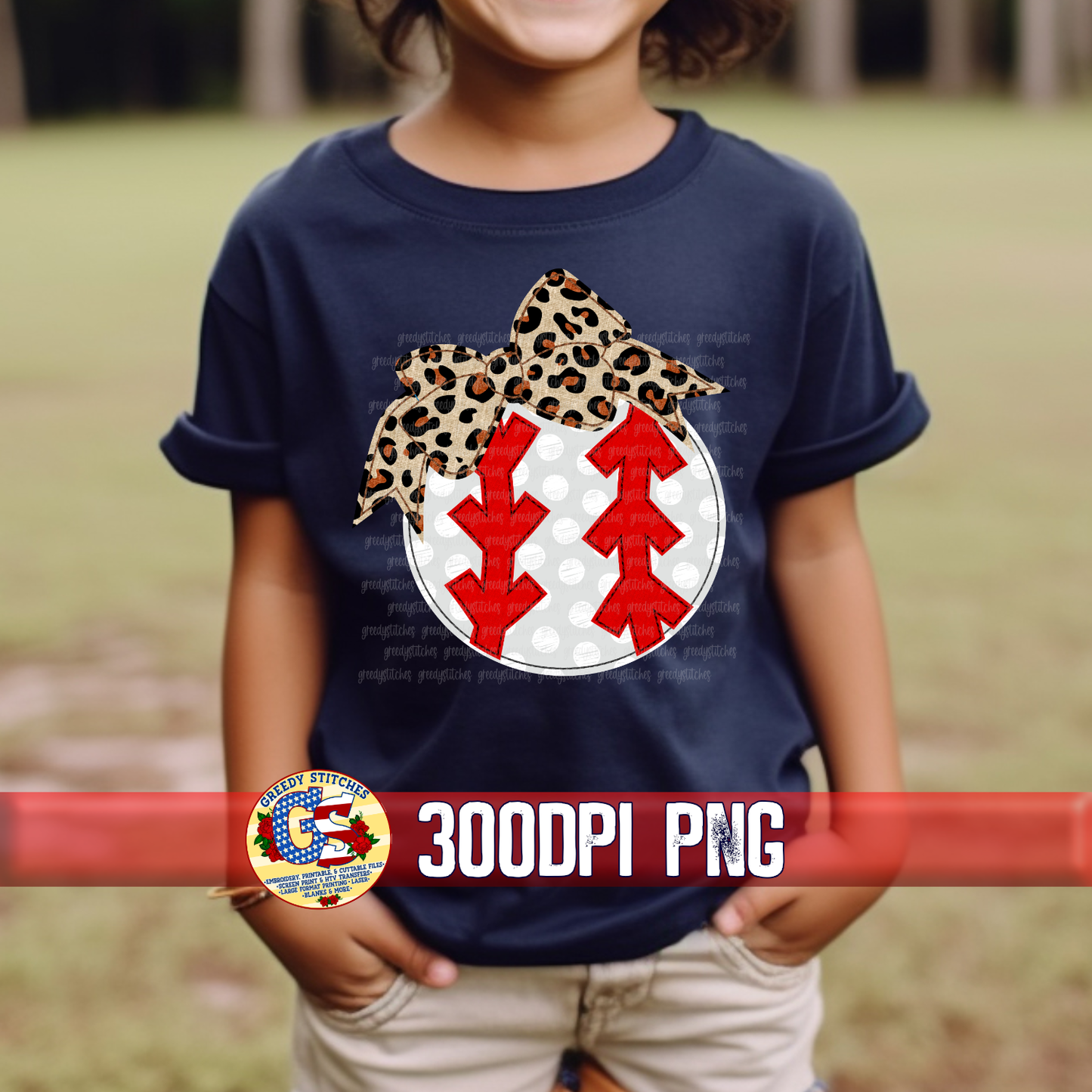 Baseball with Bow Faux Applique PNG