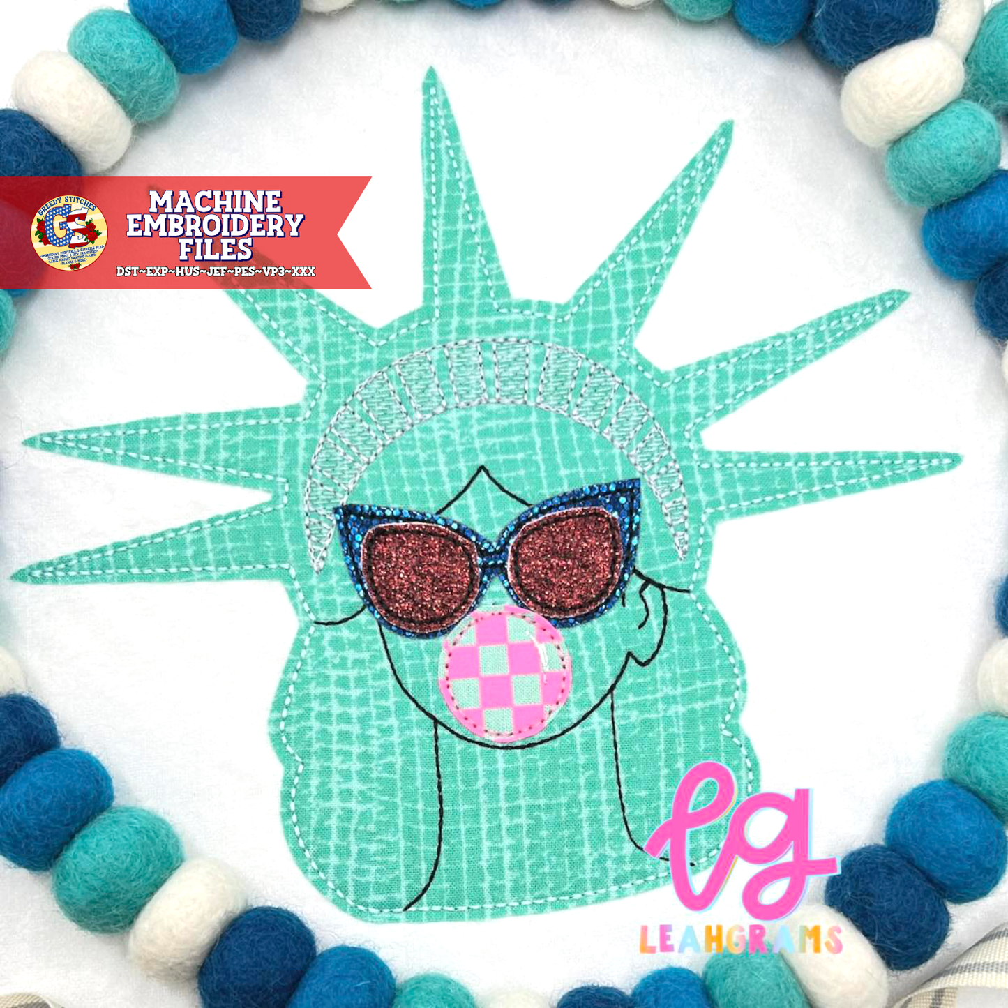 Lady Liberty Bubble Gum Sunglasses Bean Stitch Machine Embroidery Design