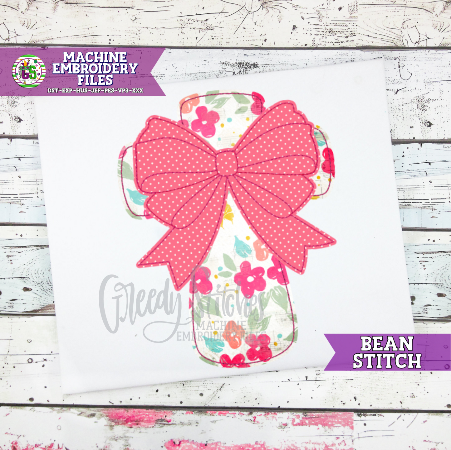 Cross with Bow Bean Stitch Machine Embroidery Design