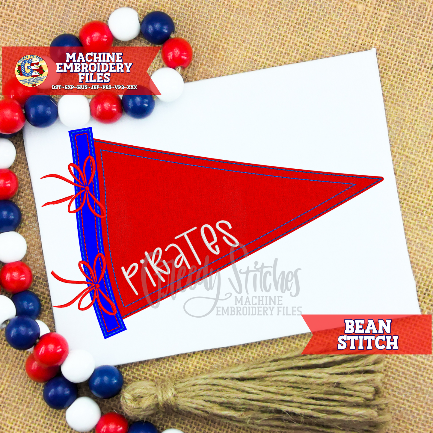 Pennant Bean Applique Machine Embroidery Design