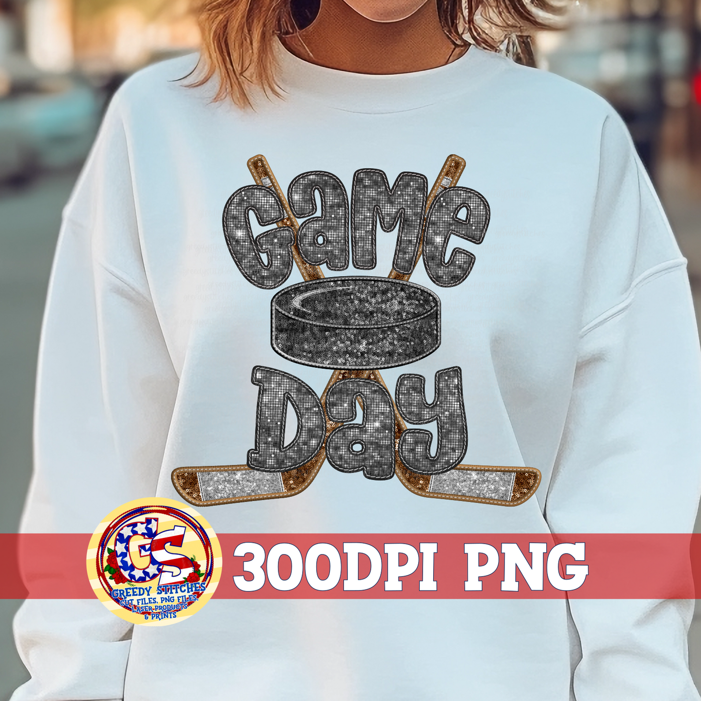Hockey Game Day Black Faux Embroidery Sequins PNG
