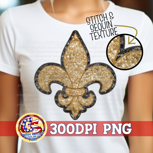 Black & Gold Fleur de Lis Faux Embroidery Sequins PNG