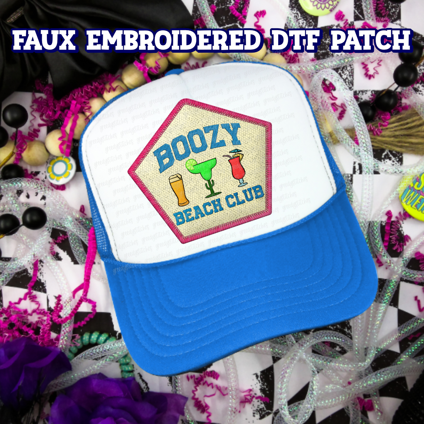 Boozy Beach Club DTF Hat Patch - Faux Embroidered Hat Patch
