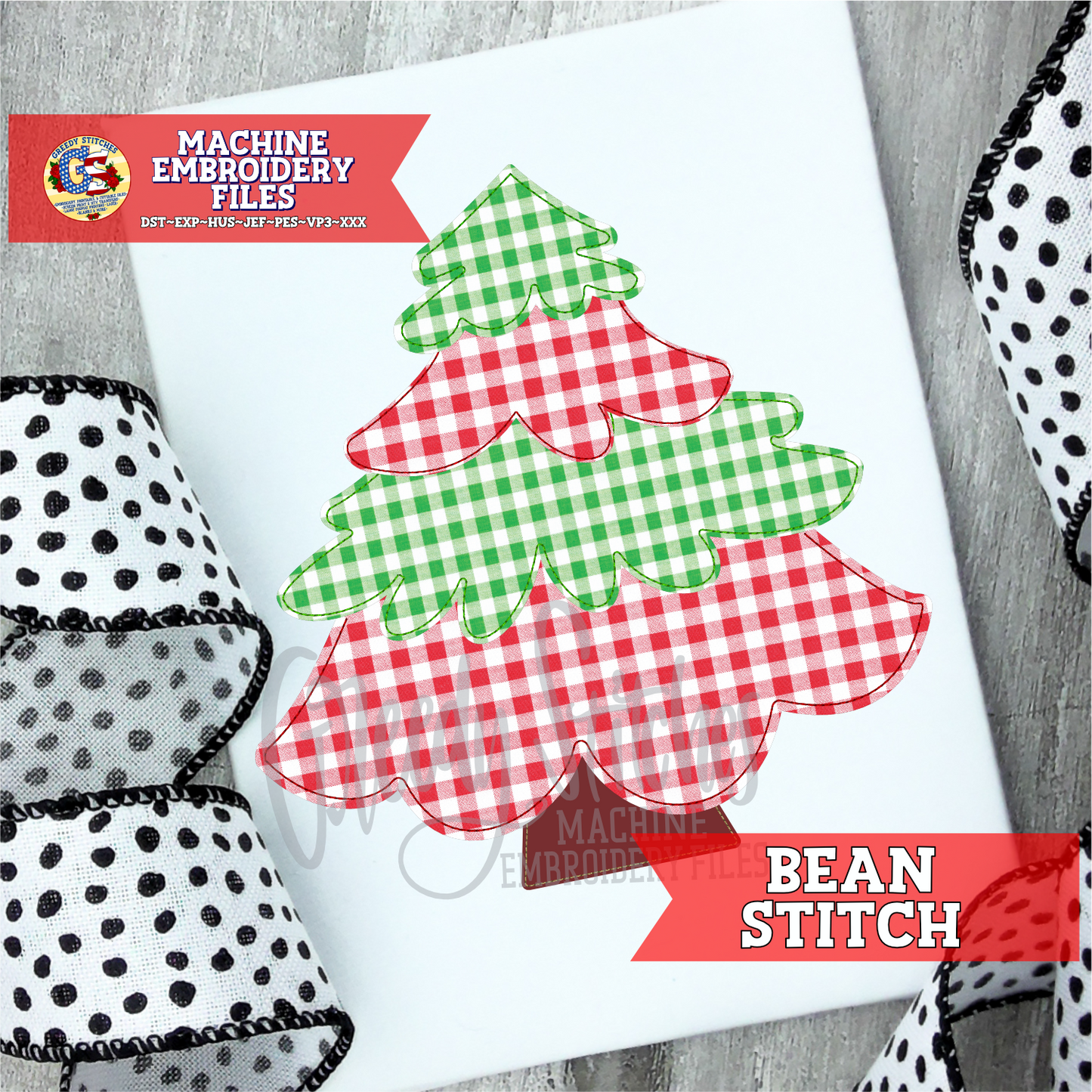 Christmas Tree Bean Stitch Applique Machine Embroidery Design