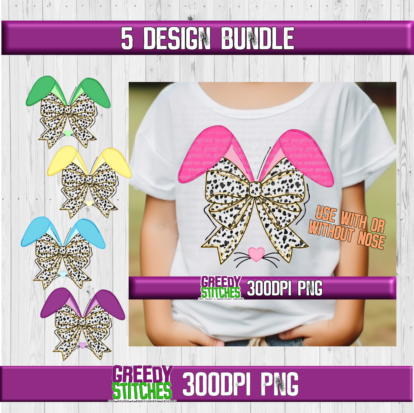 Bunny Ears and Bow PNG Files - 5 Design Bundle