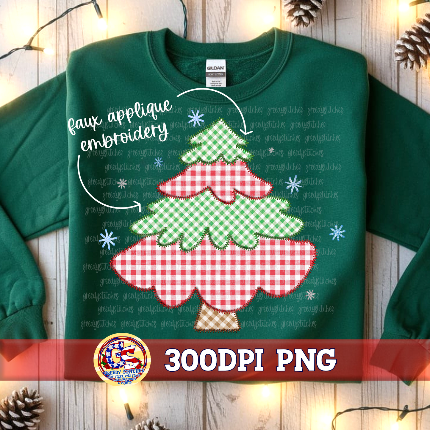 Gingham Christmas Tree Faux Embroidery PNG