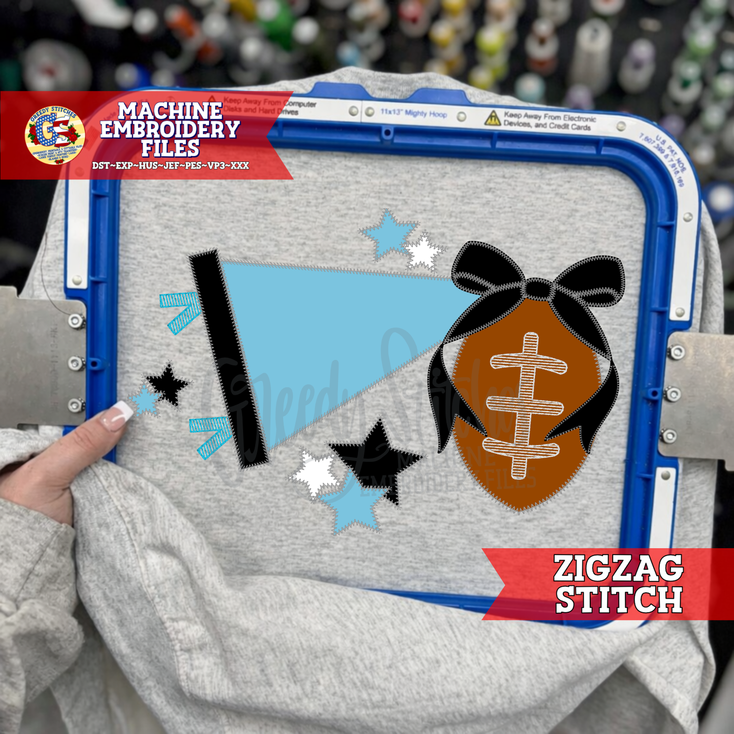 Football Bow Stars Zigzag Stitch Applique Machine Embroidery Design