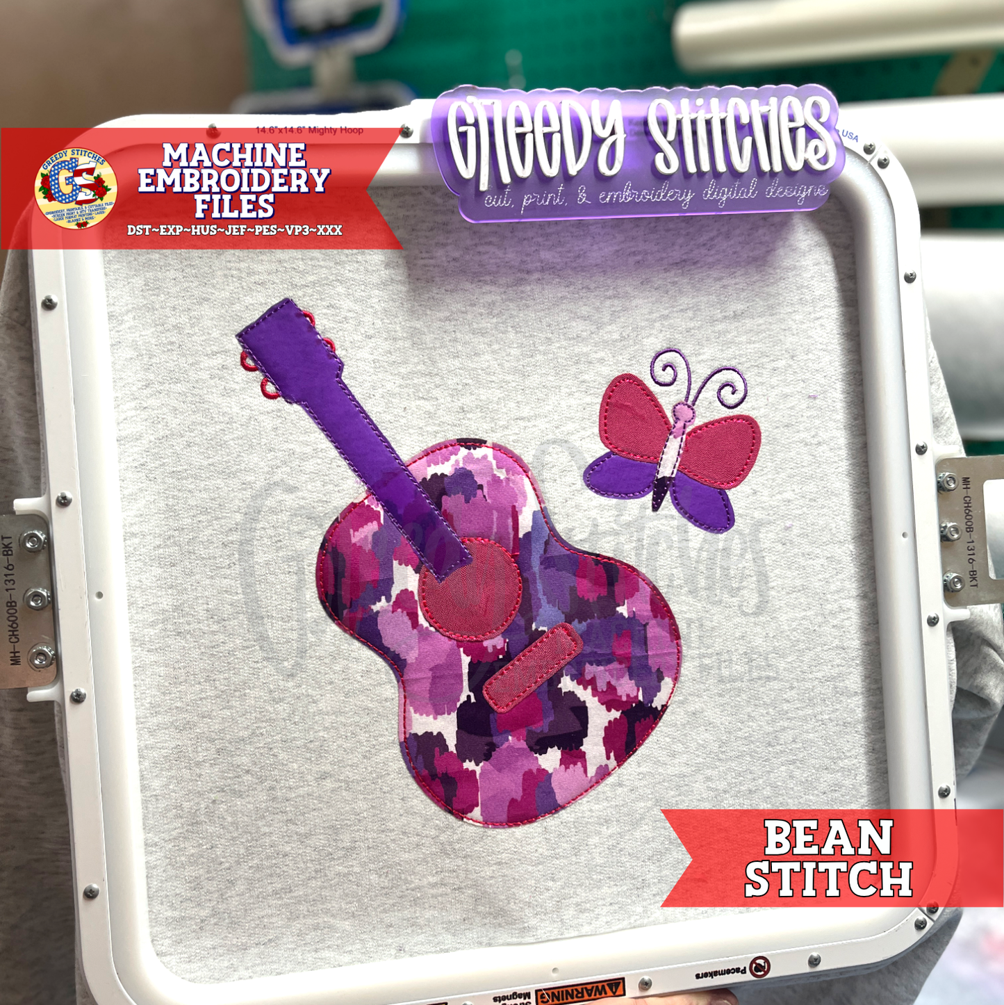 Guitar and Butterfly Bean Stitch Applique Machine Embroidery Design
