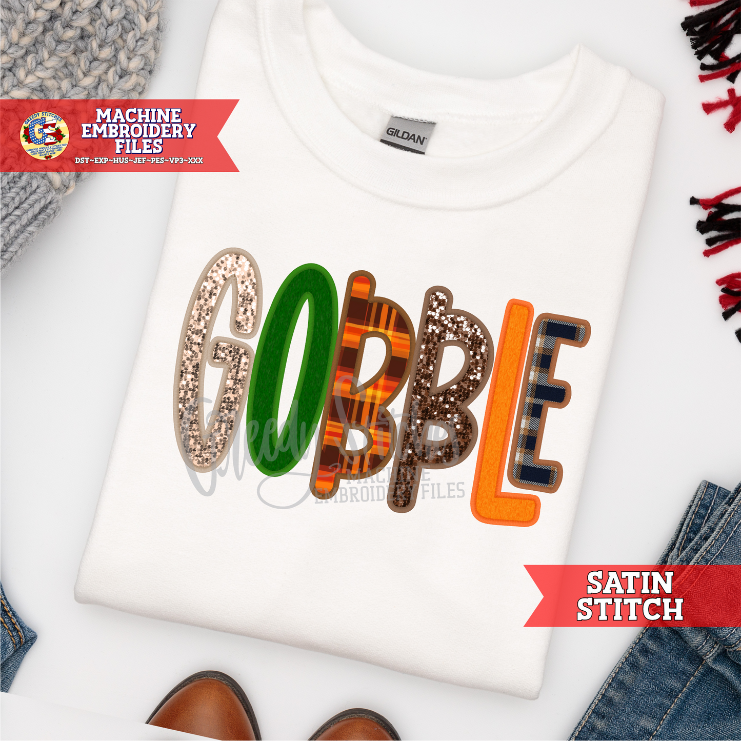 Gobble Satin Stitch Applique Machine Embroidery Design - Thanksgiving