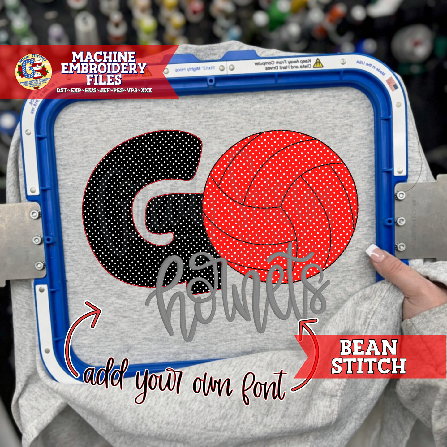 Go Volleyball Bean Stitch Applique Machine Embroidery Design