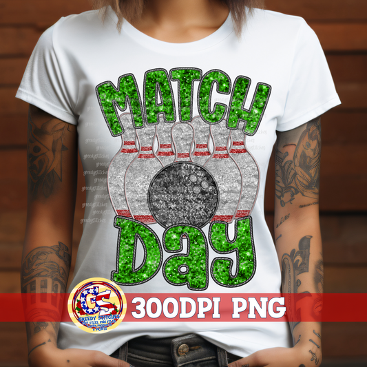 Bowling Match Day Green Faux Embroidery Sequins PNG for Sublimation