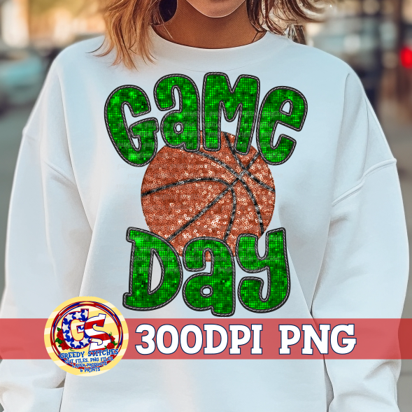 Basketball Game Day Green Faux Embroidery Sequins PNG