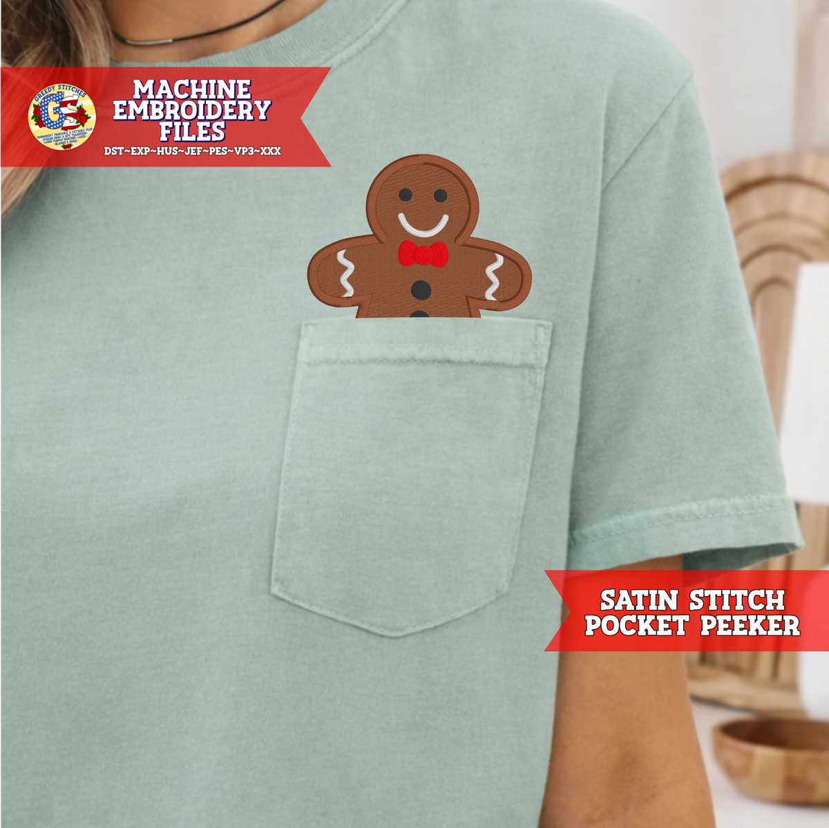 Gingerbread Pocket Peeker Applique Machine Embroidery Design
