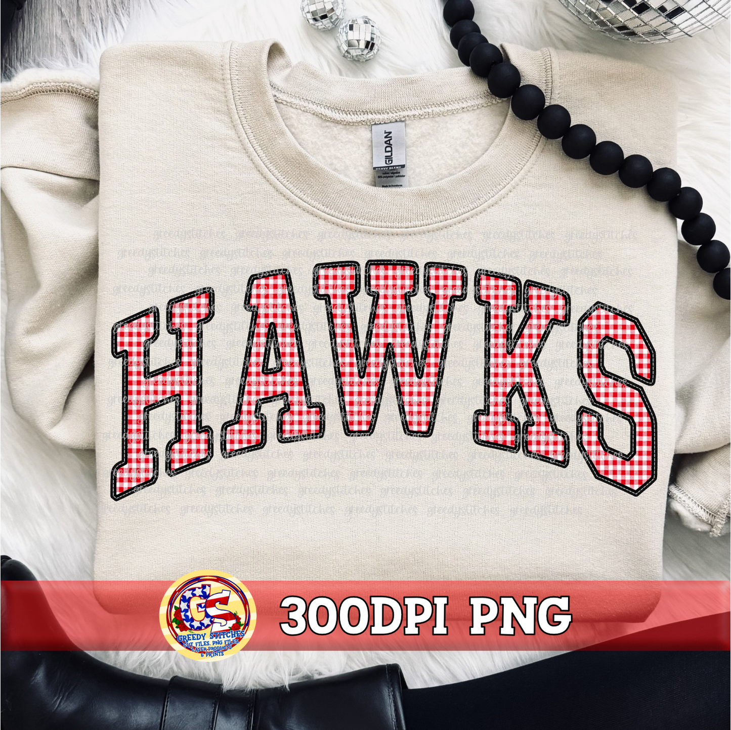 Hawks Gingham Faux Embroidery PNG - Black Red