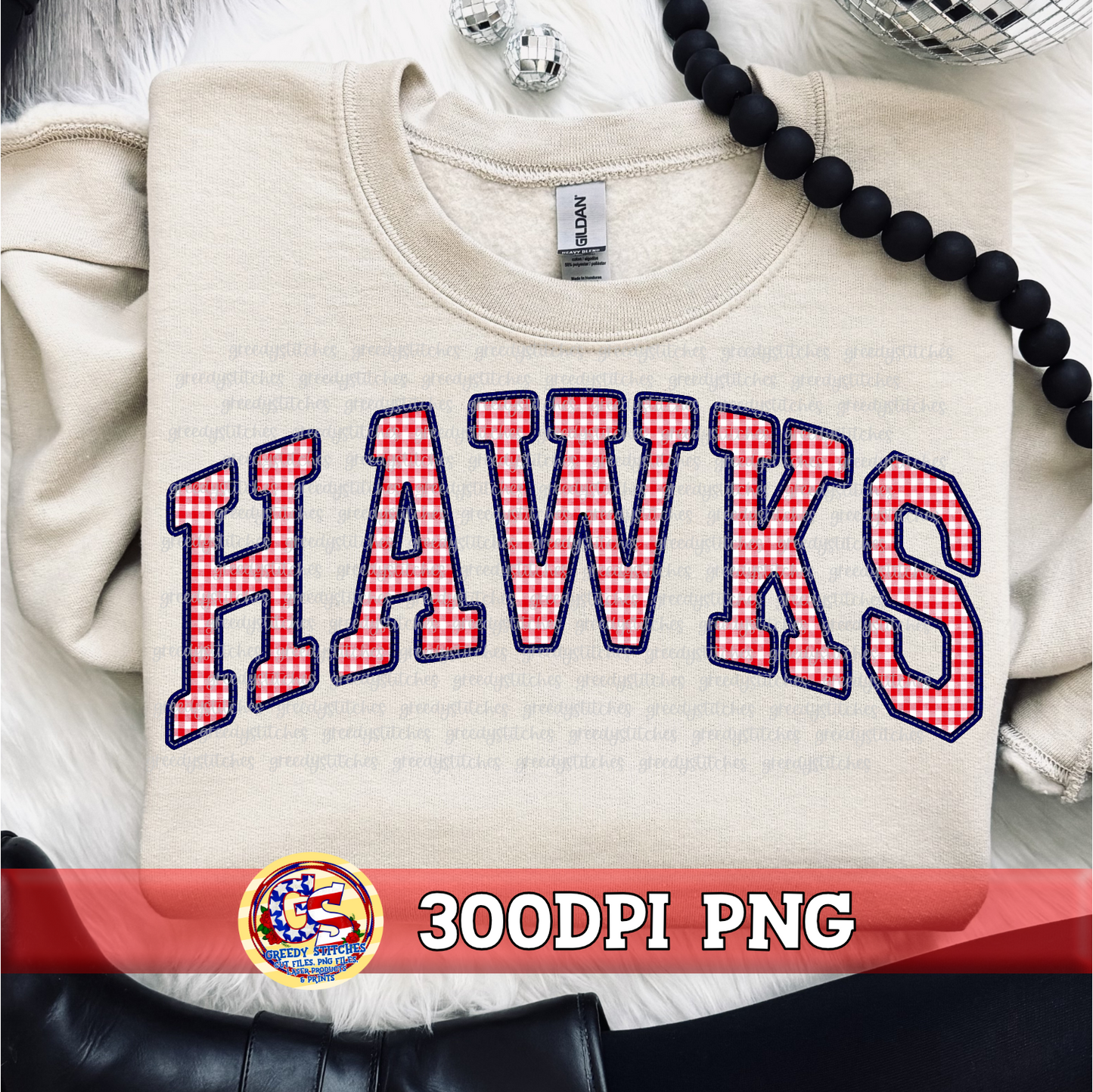 Hawks Gingham Faux Embroidery PNG - Red Navy
