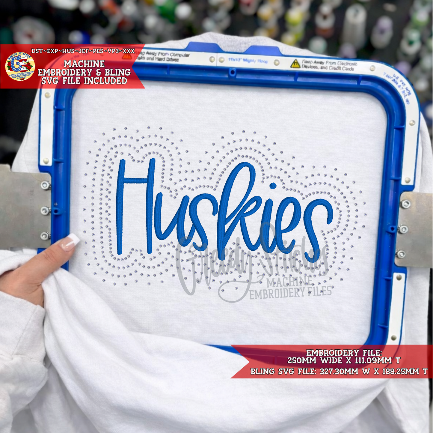 Huskies Script Bling & Machine Embroidery Design