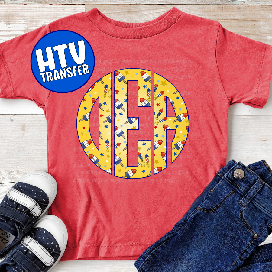Round Red White & Blue Popsicle Monogram HTV Transfer