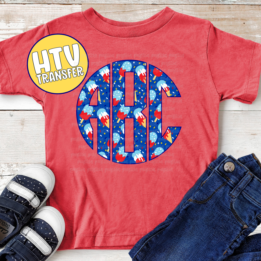 Round Red White & Blue Ice Cream Monogram HTV Transfer