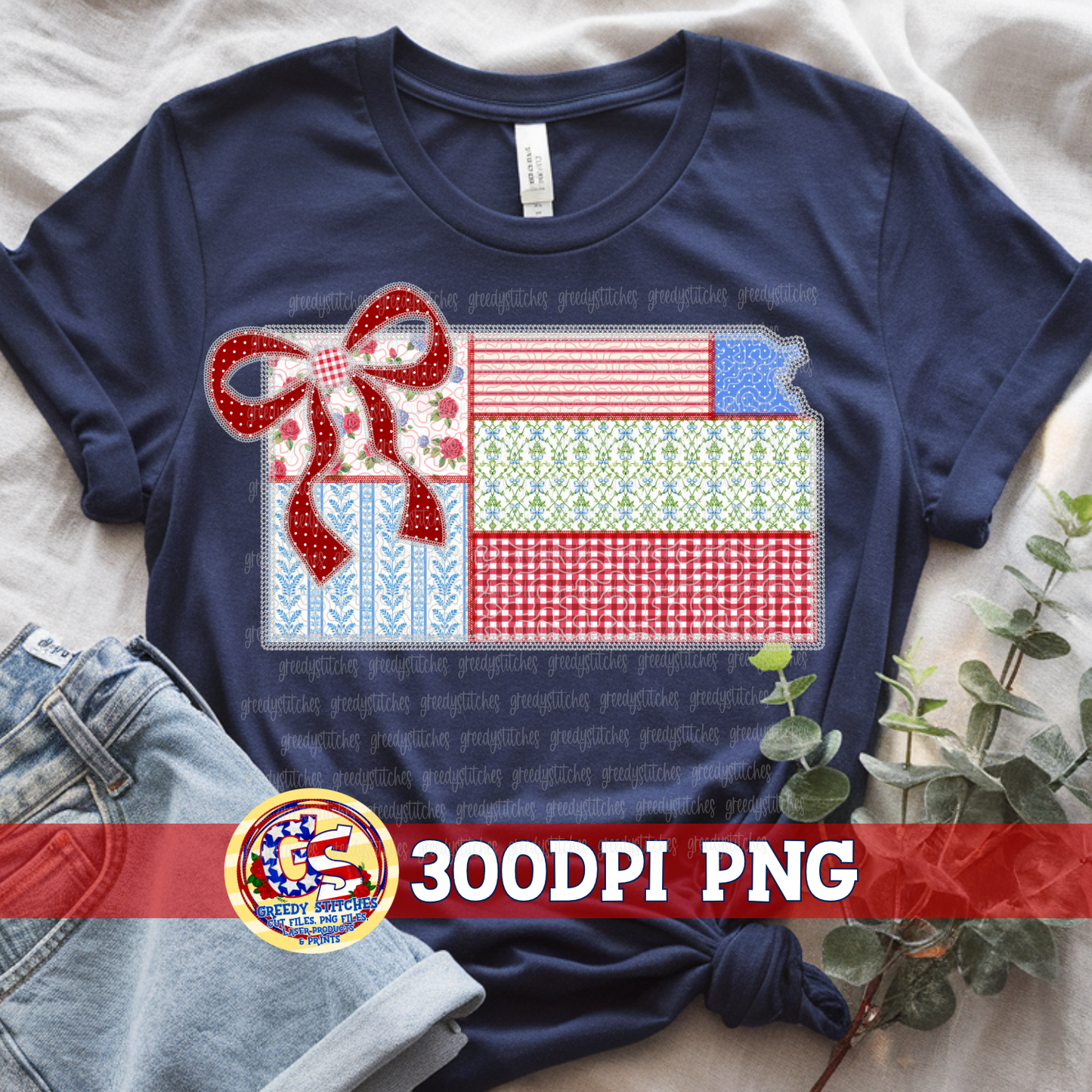 July 4th Kansas Faux Quilted & Lace PNG