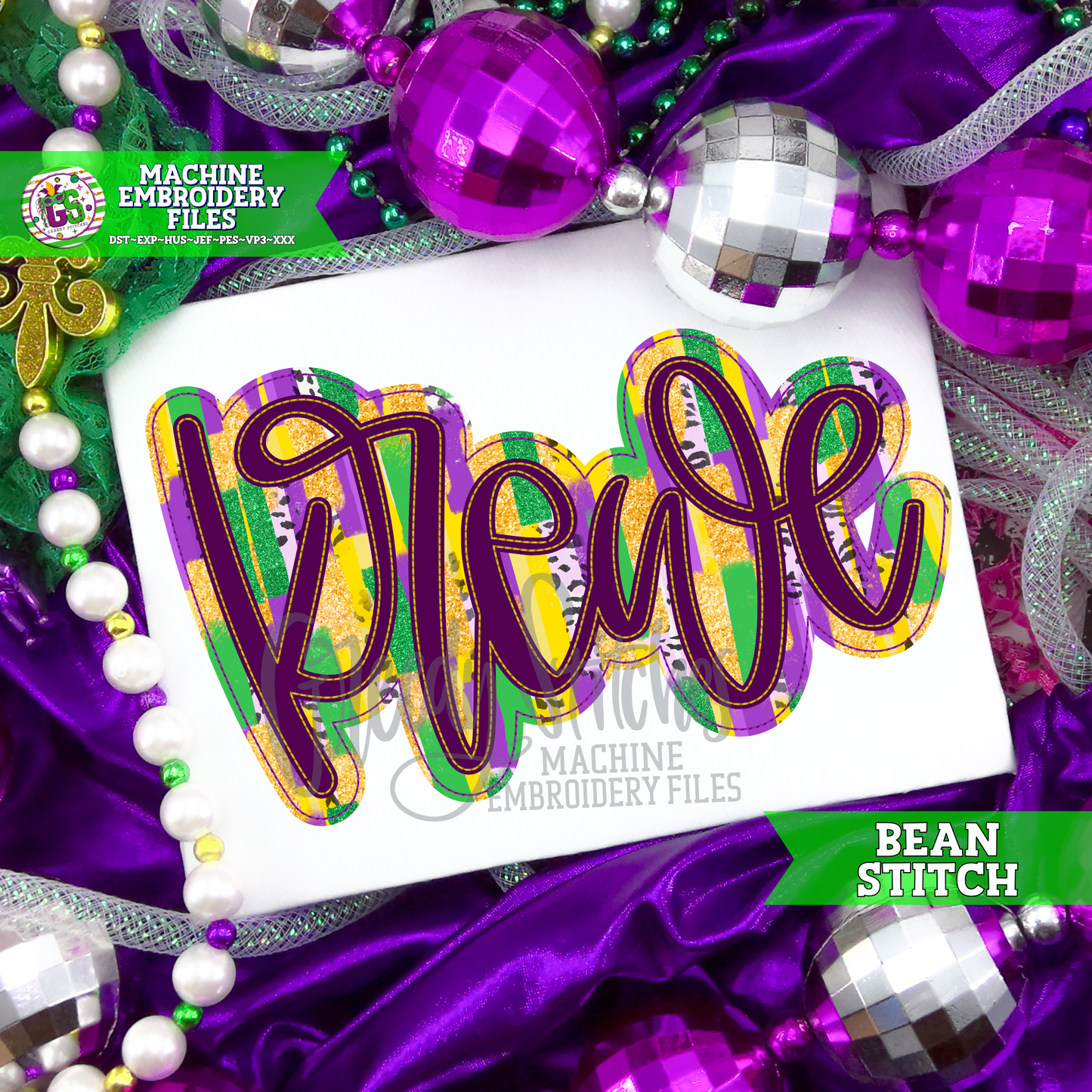 Krewe Bean Stitch Double Applique for Machine Embroidery - Mardi Gras Applique