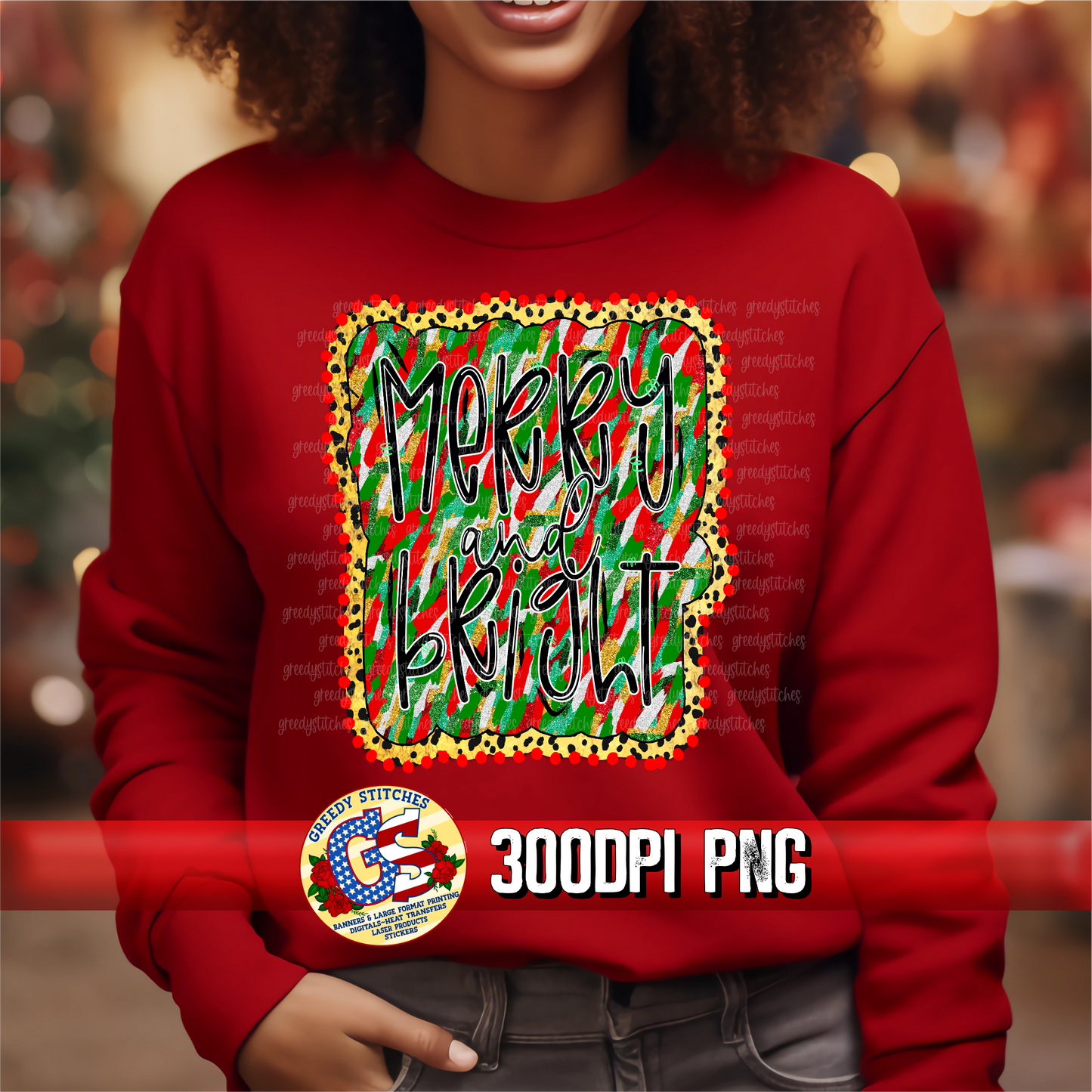 Merry and Bright Red Green Gold Foil Christmas PNG