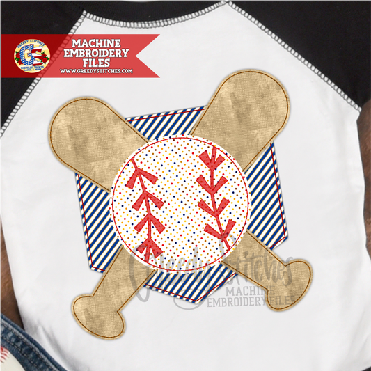 Crossed Bats Ball and Home Plate Bean Stitch Applique Machine Embroidery Design