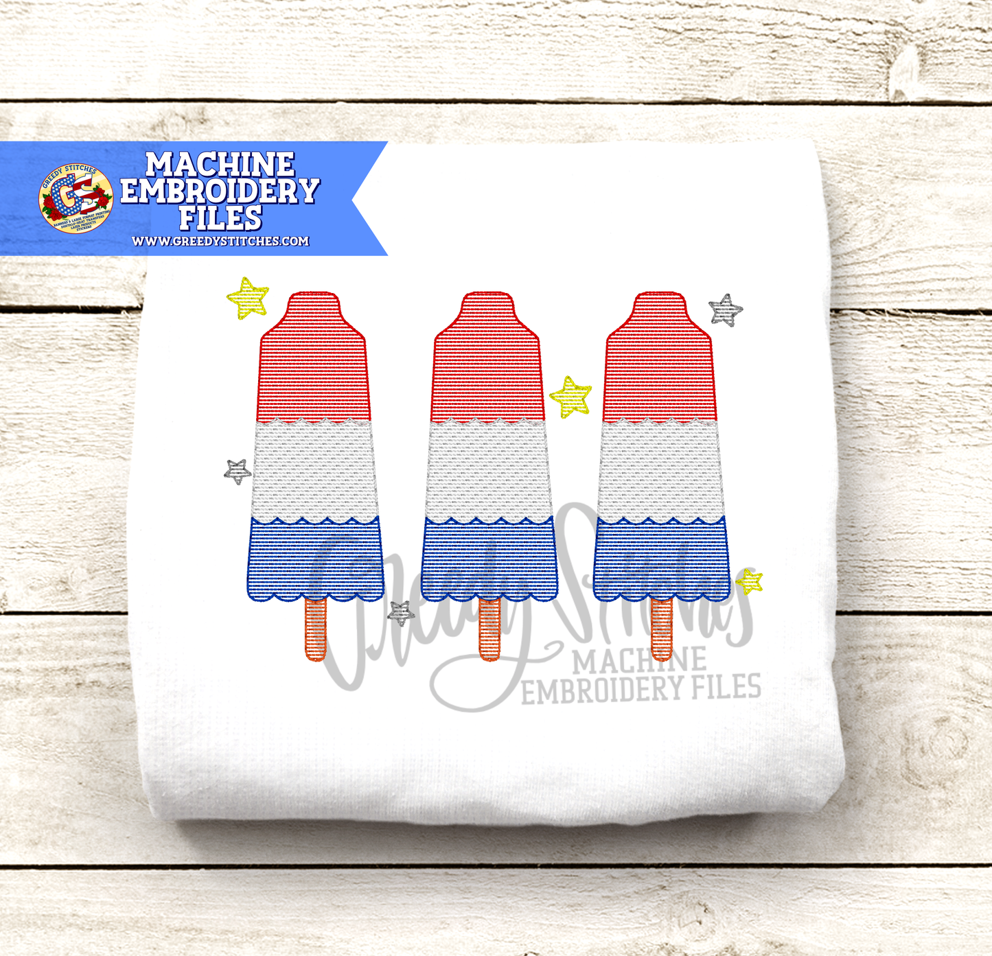 Red White Blue Popsicles Inflated Machine Embroidery Design