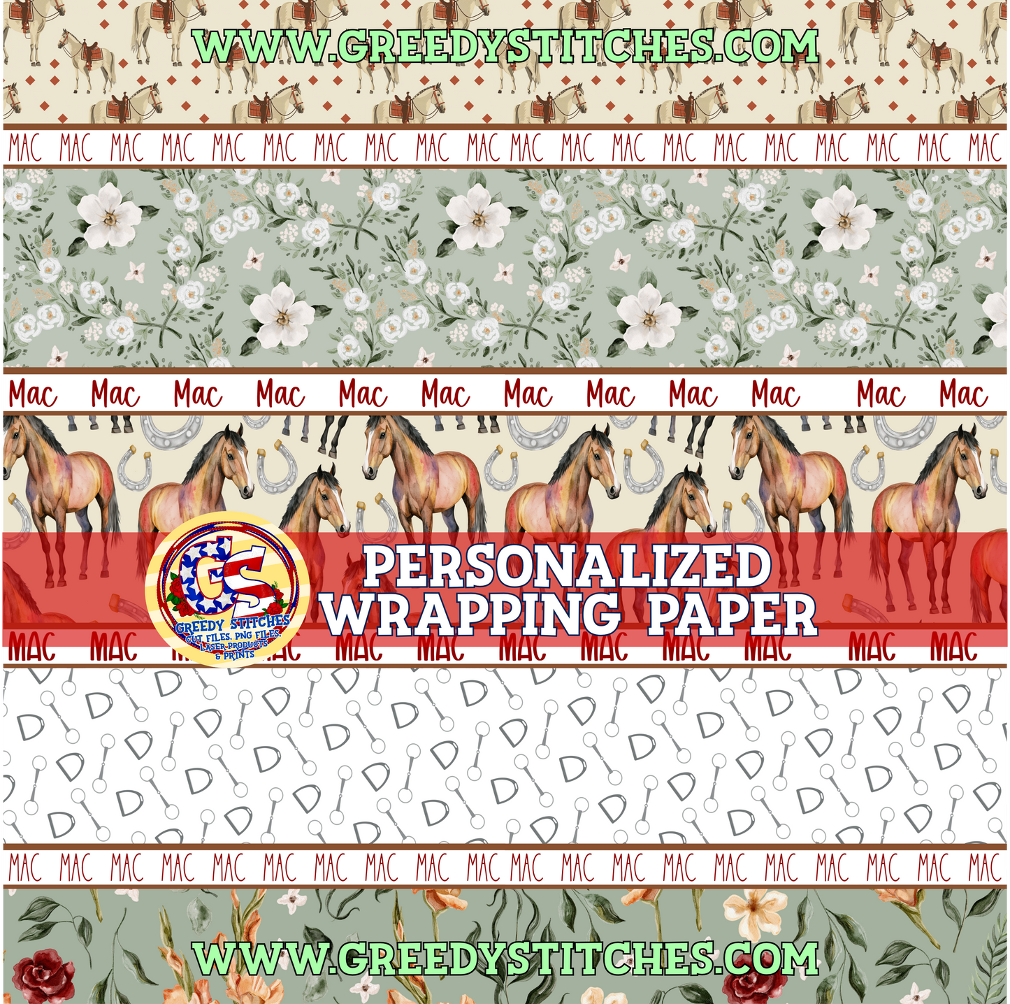 36" Western Horse Personalized Wrapping Paper