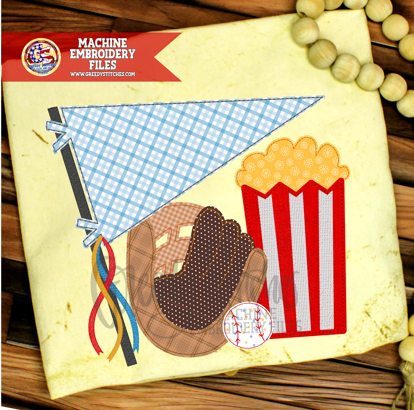Pennant Baseball Glove Popcorn Bean Stitch Applique Machine Embroidery Design