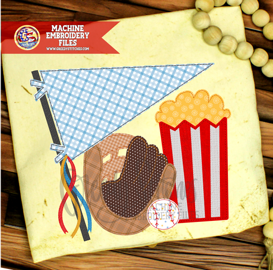 Pennant Baseball Glove Popcorn Bean Stitch Applique Machine Embroidery Design