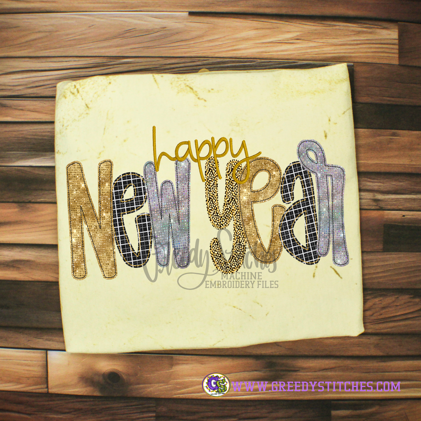 Happy New Year Bean Stitch Applique Machine Embroidery Design