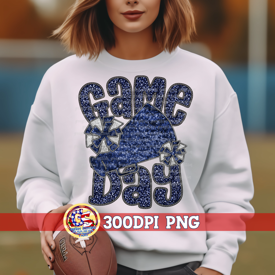 Game Day Cheer Faux Embroidery Sequins Navy PNG