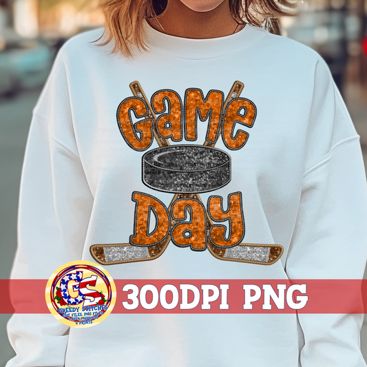 Hockey Game Day Orange Faux Embroidery Sequins PNG