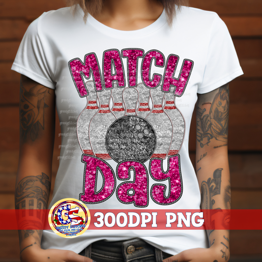 Bowling Match Day Pink Faux Embroidery Sequins PNG for Sublimation