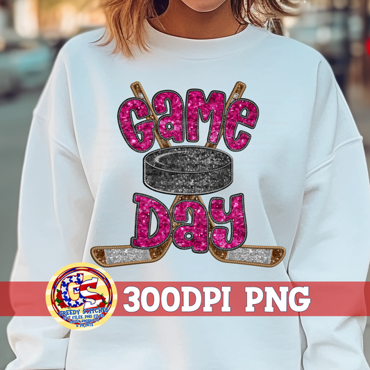 Hockey Game Day Pink Faux Embroidery Sequins PNG
