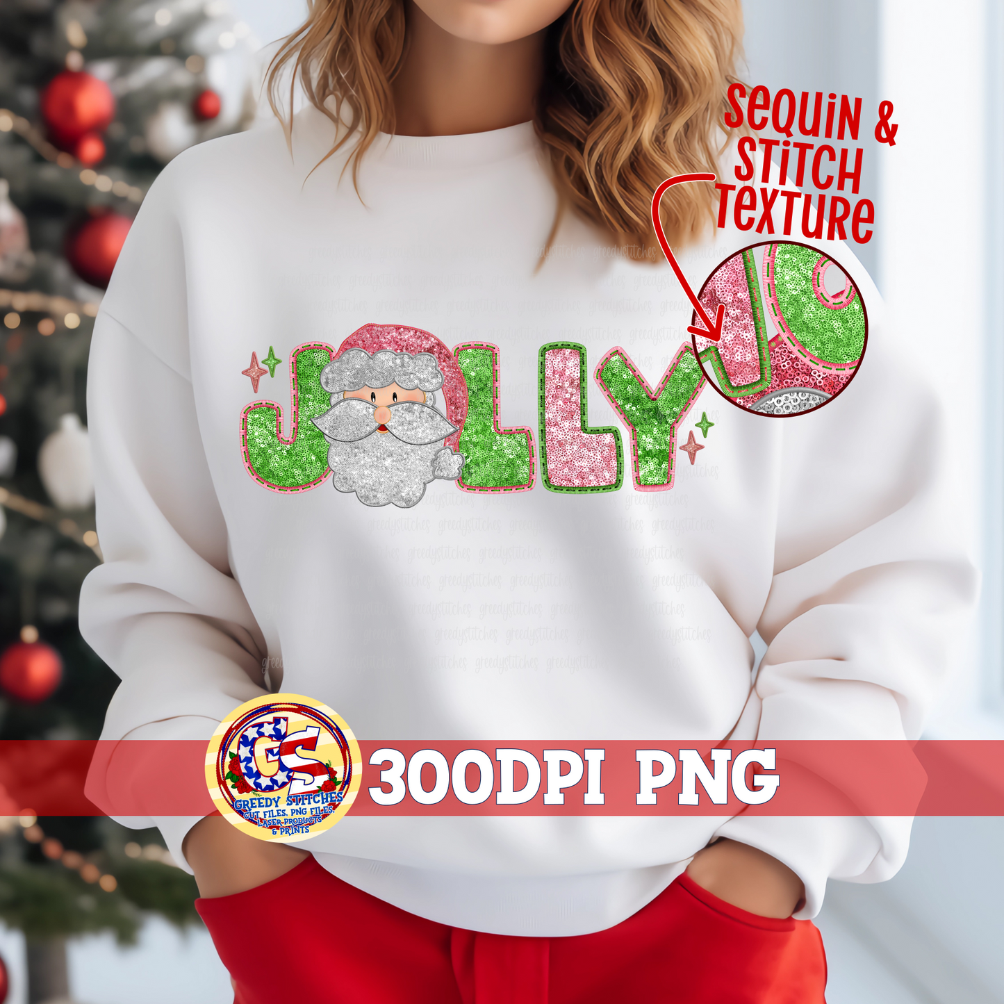 Santa Jolly Faux Embroidery Sequins PNG-Pink Green