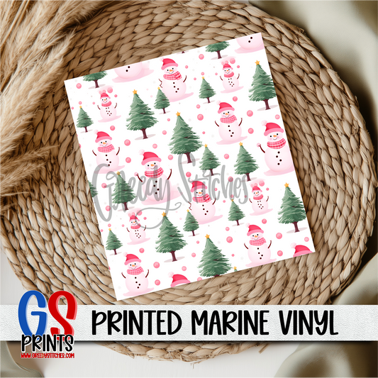 Pink Snowman Pine Trees Marine Vinyl