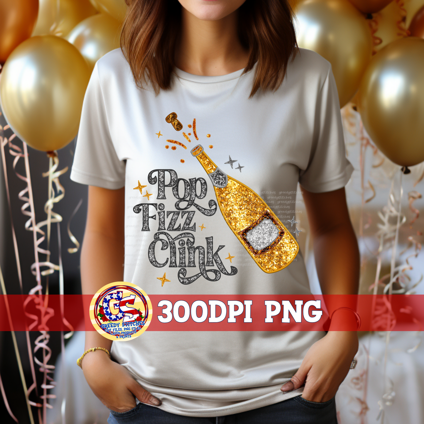 Pop Fizz Clink Champagne Bottle Faux Embroidery Sequins PNG
